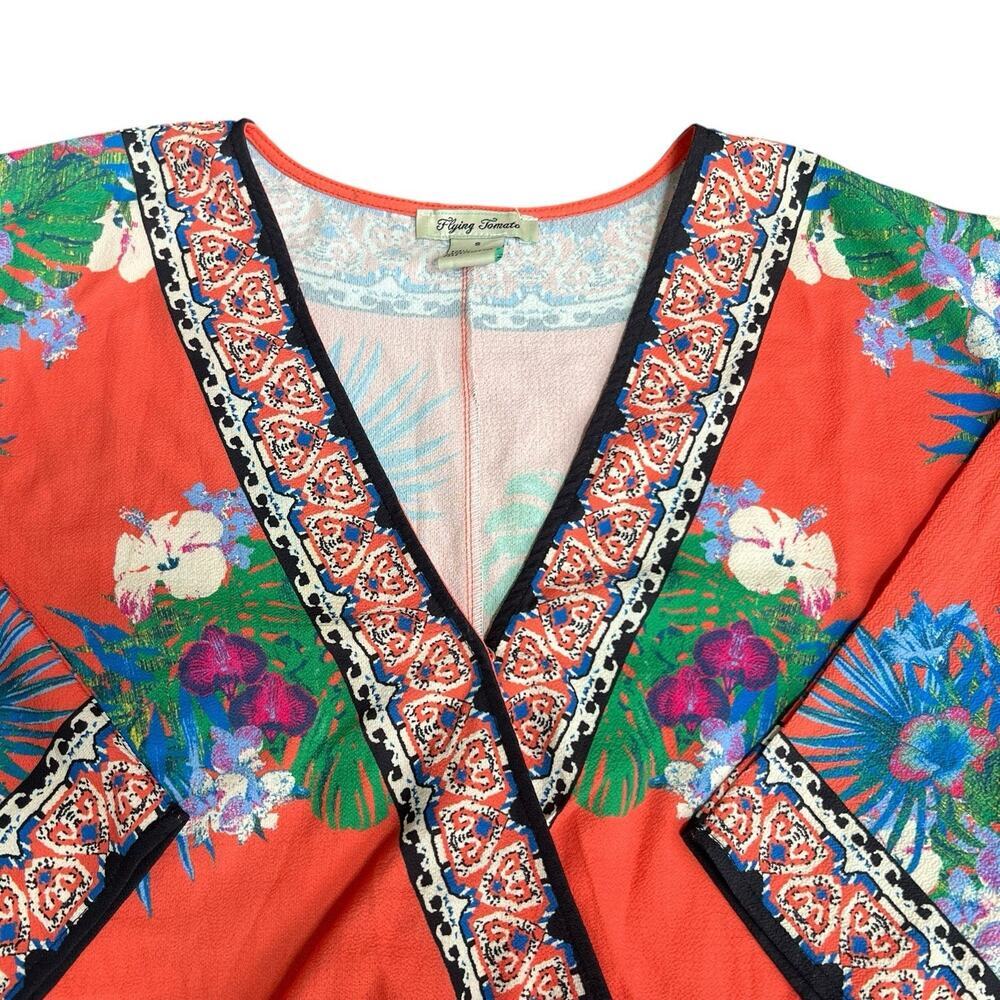 Flying Tomato Orange Floral Kimono Sleeve Surplice Cropped Top Blouse S - Picture 2 of 11